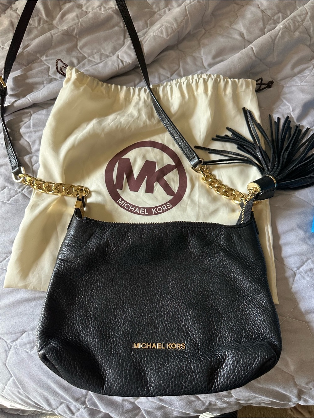 Michael Kors Black Leather Shoulder Bag with Gold Chain and Tassel